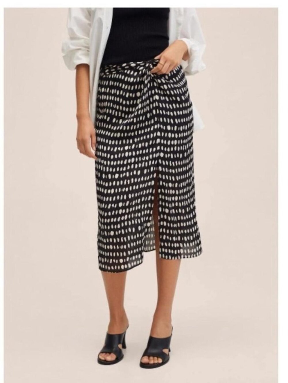 Mango Knot Printed Skirt Midi w/ Front Slit Black & White, Size S